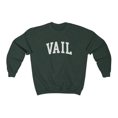 The Forest Green Vail Colorado Varsity Crewneck Sweatshirt lays flat on a white background. The ﻿Vail Colorado Varsity﻿ graphic is in bold White in a Collegiate style.