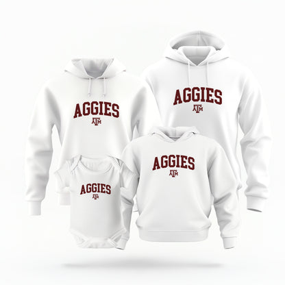 The White Fully Family Texas A&M Aggies Collegiate sweatshirts lay flat on a white background. The ﻿Texas A&M Aggies Collegiate﻿ graphic is in bold Maroon in a Varsity style.