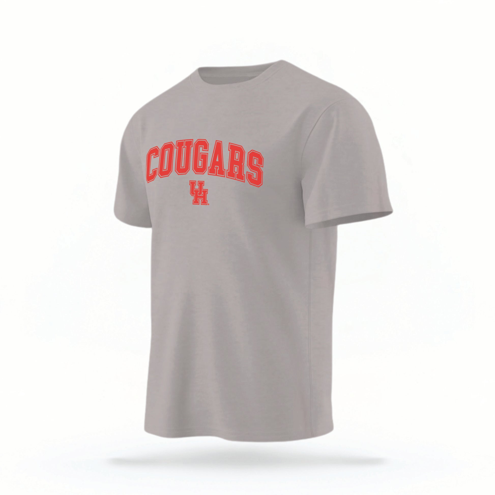 The grey Cougars UH Varsity t-shirt lays flat on a white background. The ﻿Cougars UH Varsity graphic is in bold red in a scripted font style.