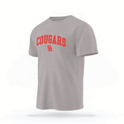 The grey Cougars UH Varsity t-shirt lays flat on a white background. The ﻿Cougars UH Varsity graphic is in bold red in a scripted font style.