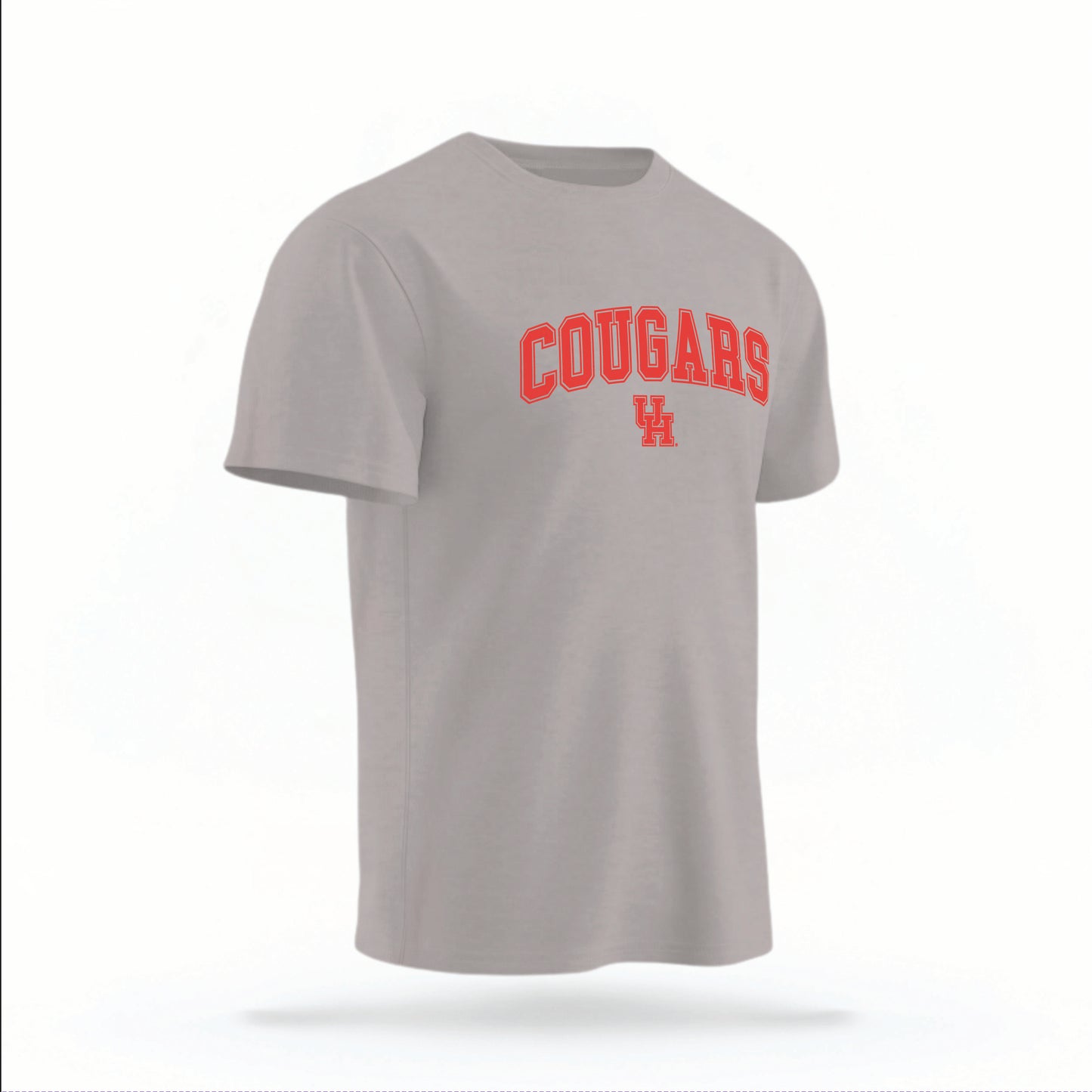 The grey Cougars UH Varsity t-shirt lays flat on a white background. The ﻿Cougars UH Varsity graphic is in bold red in a scripted font style.