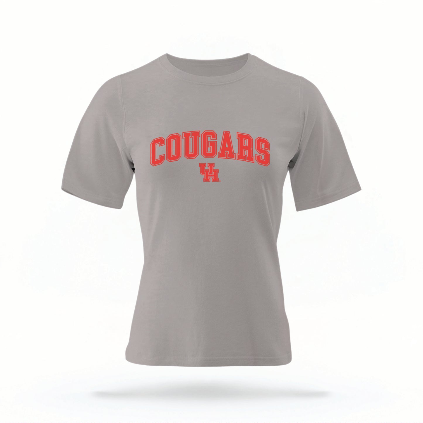 The grey Cougars UH Varsity t-shirt lays flat on a white background. The ﻿Cougars UH Varsity graphic is in bold red in a scripted font style.