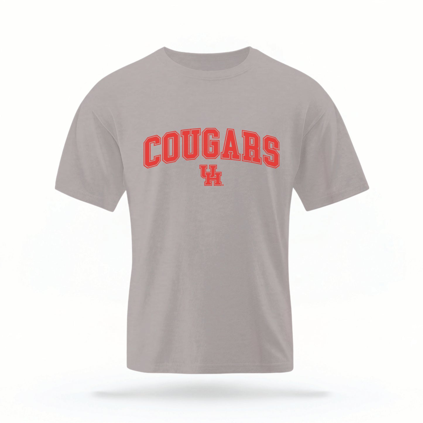 The grey Cougars UH Varsity t-shirt lays flat on a white background. The ﻿Cougars UH Varsity graphic is in bold red in a scripted font style.