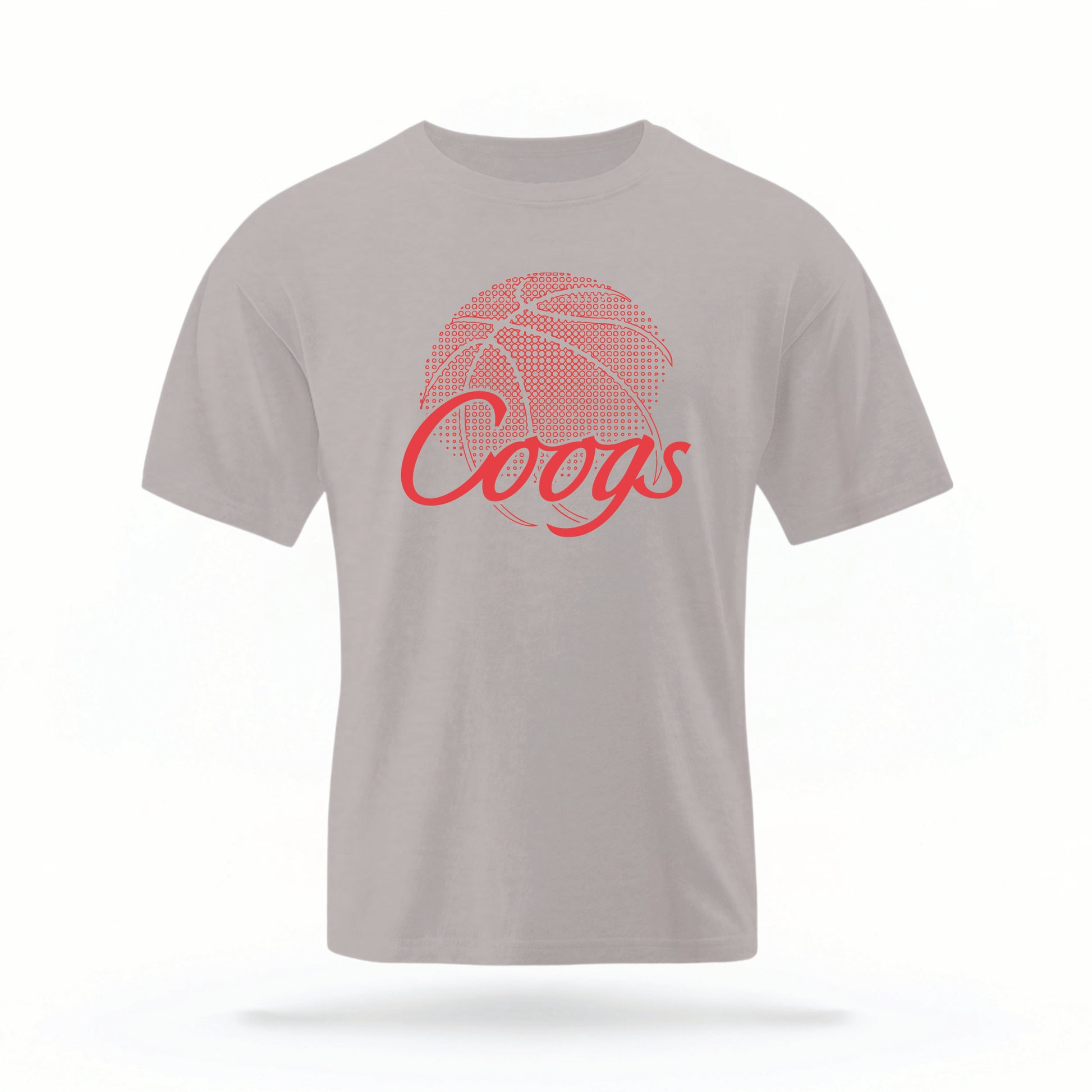 The grey Houston Cougars Basketball vintage t-shirt lays flat on a white background. The ﻿Houston Cougars Basketball graphic is in bold red in a scripted font style.