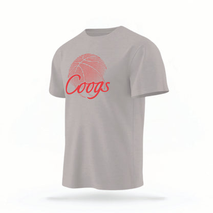 The grey Houston Cougars Basketball vintage t-shirt lays flat on a white background. The ﻿Houston Cougars Basketball graphic is in bold red in a scripted font style.