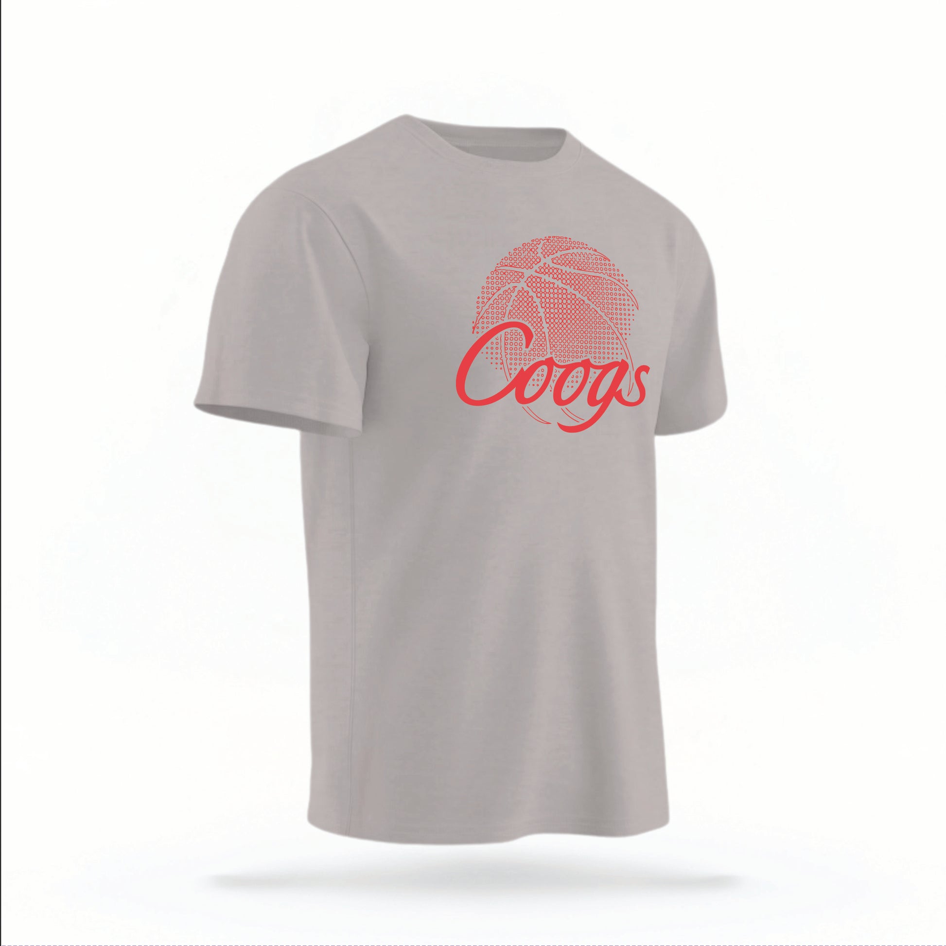 The grey Houston Cougars Basketball vintage t-shirt lays flat on a white background. The ﻿Houston Cougars Basketball graphic is in bold red in a scripted font style.