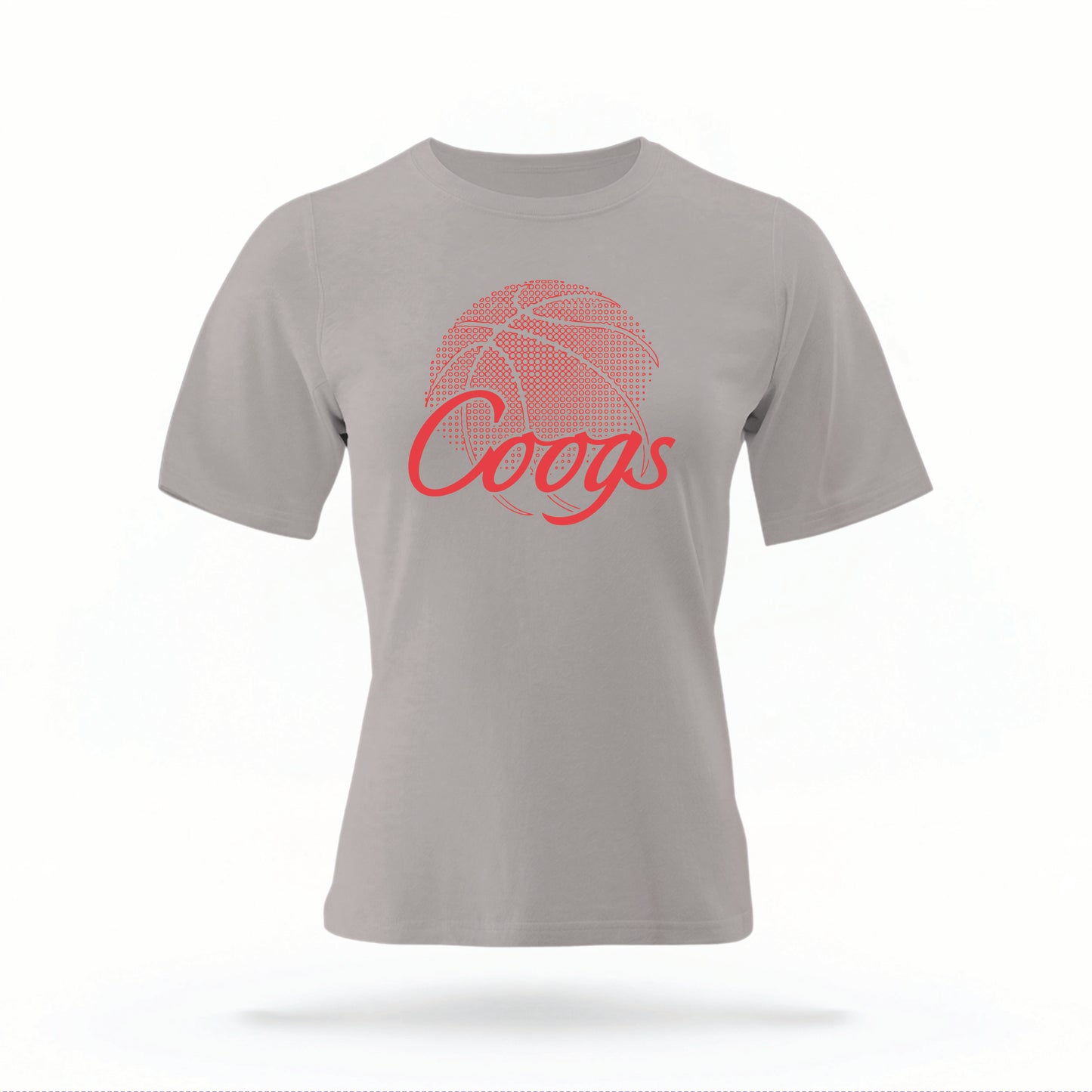 The grey Houston Cougars Basketball vintage t-shirt lays flat on a white background. The ﻿Houston Cougars Basketball graphic is in bold red in a scripted font style.