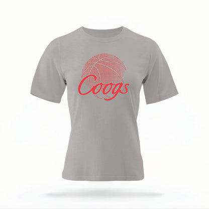 The grey Houston Cougars Basketball vintage t-shirt lays flat on a white background. The ﻿Houston Cougars Basketball graphic is in bold red in a scripted font style.