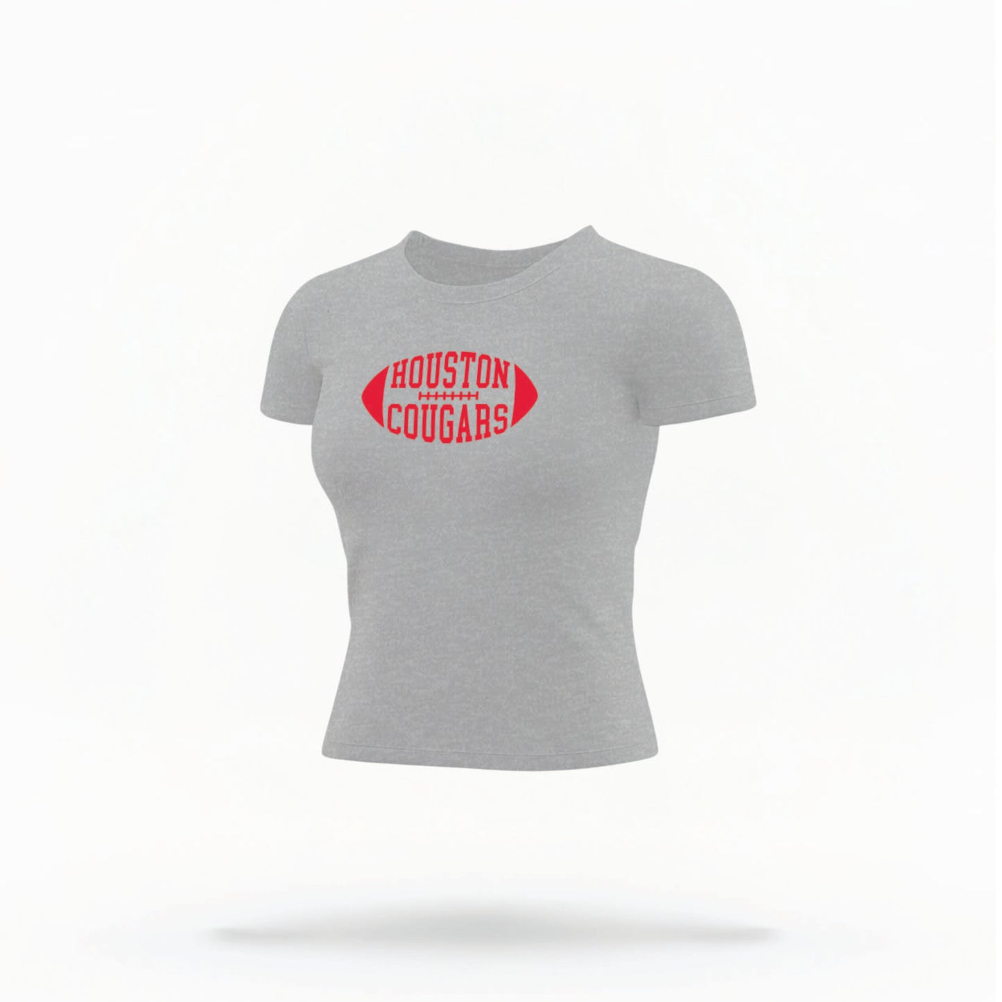 The Grey Houston Cougars Football Crop Top lays flat on a white background. The Houston Cougars Football graphic is in bold Red in a Football Shaped style.