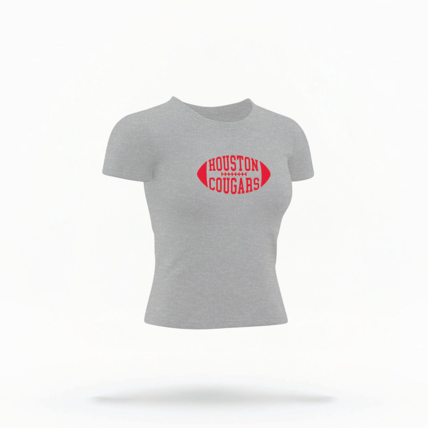 The Grey Houston Cougars Football Crop Top lays flat on a white background. The Houston Cougars Football graphic is in bold Red in a Football Shaped style.