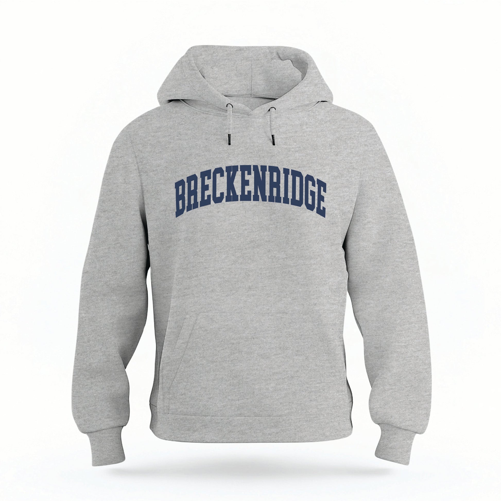 The Heather Gray Breckenridge Colorado Varsity Organic Cotton Hoodie lays flat on a white background.