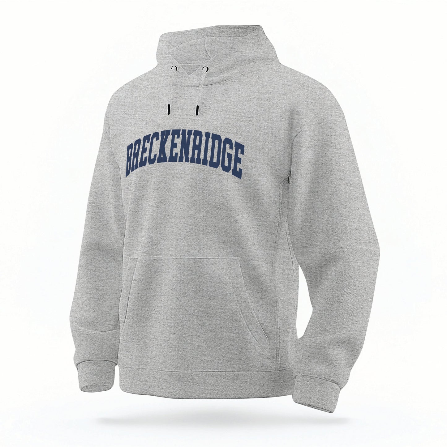 The Heather Gray Breckenridge Colorado Varsity Organic Cotton Hoodie lays flat on a white background.