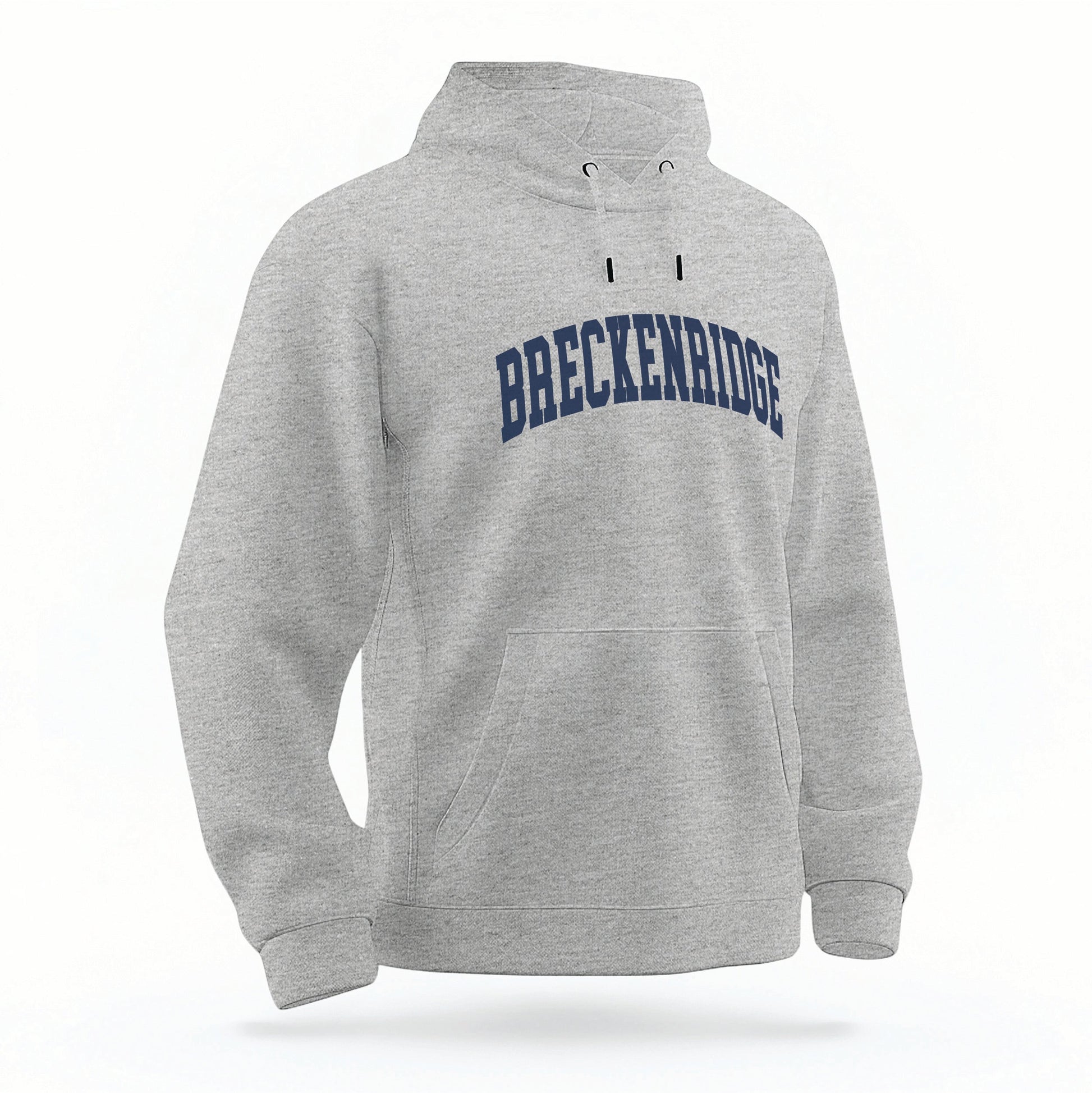 The Heather Gray Breckenridge Colorado Varsity Organic Cotton Hoodie lays flat on a white background.