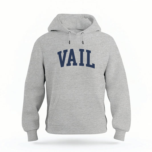 The Heather Gray Vail Colorado Varsity Organic Cotton Hoodie lays flat on a white background.