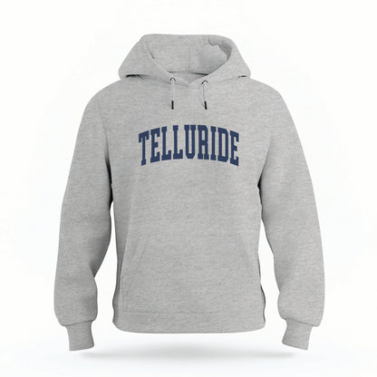 The Heather Gray Telluride Colorado Varsity Organic Cotton Hoodie lays flat on a white background.