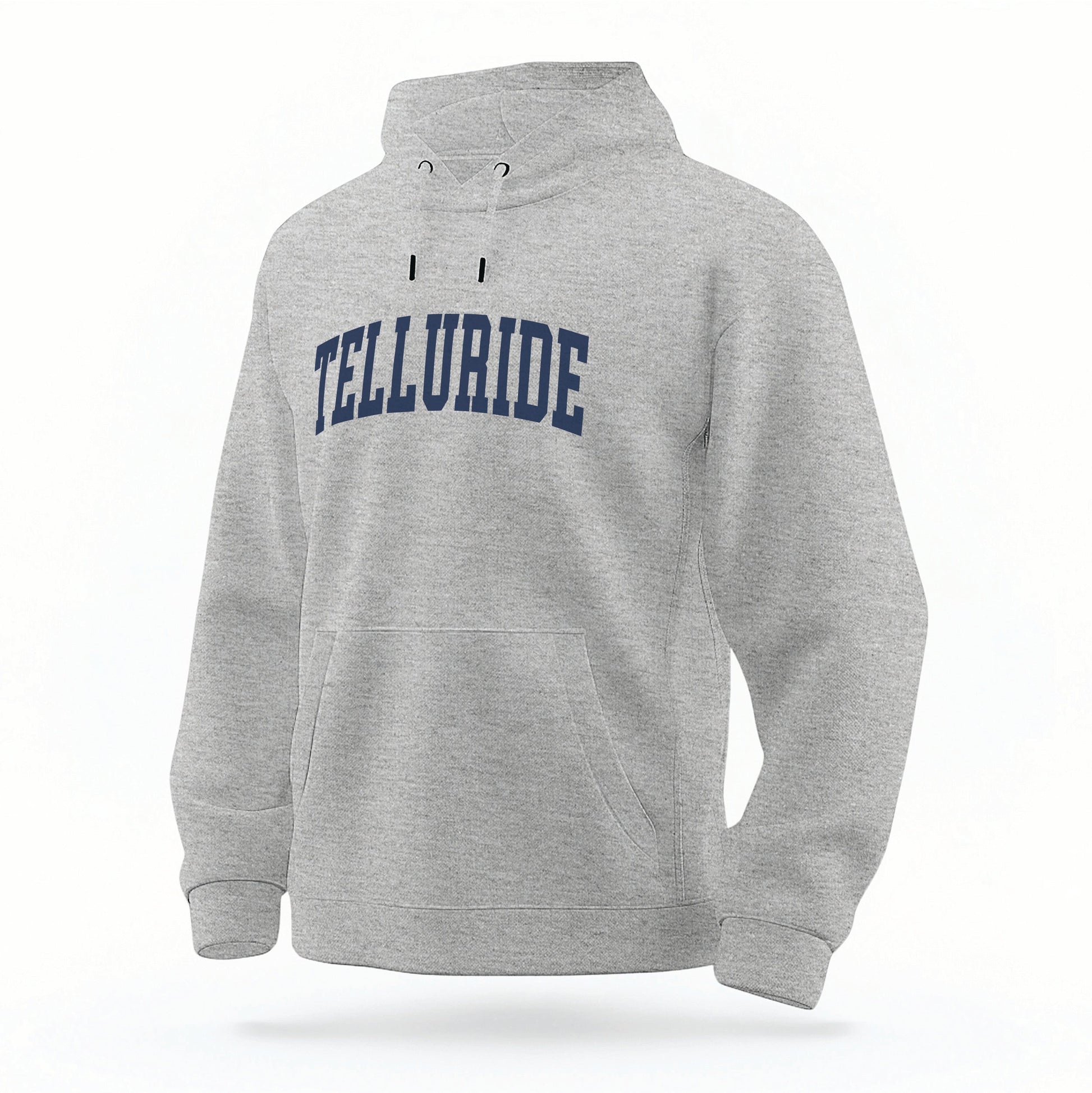 The Heather Gray Telluride Colorado Varsity Organic Cotton Hoodie lays flat on a white background.