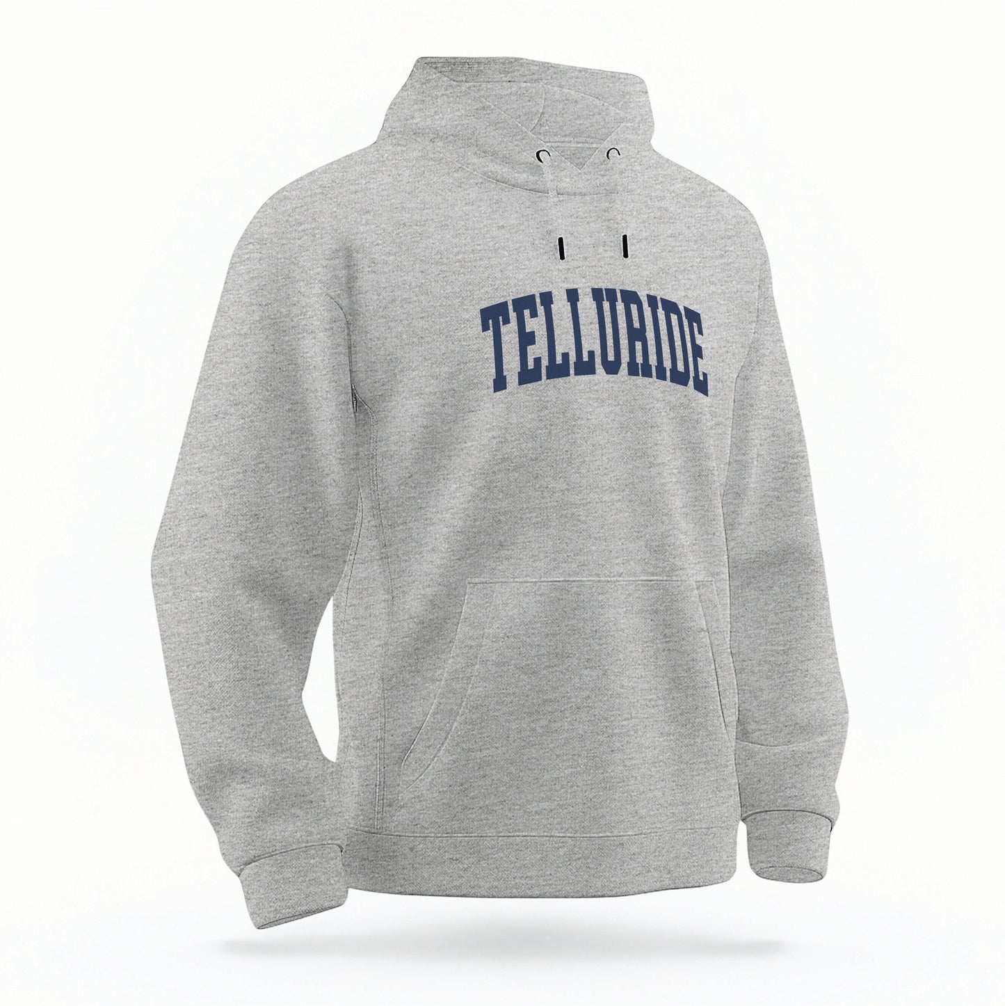 The Heather Gray Telluride Colorado Varsity Organic Cotton Hoodie lays flat on a white background.