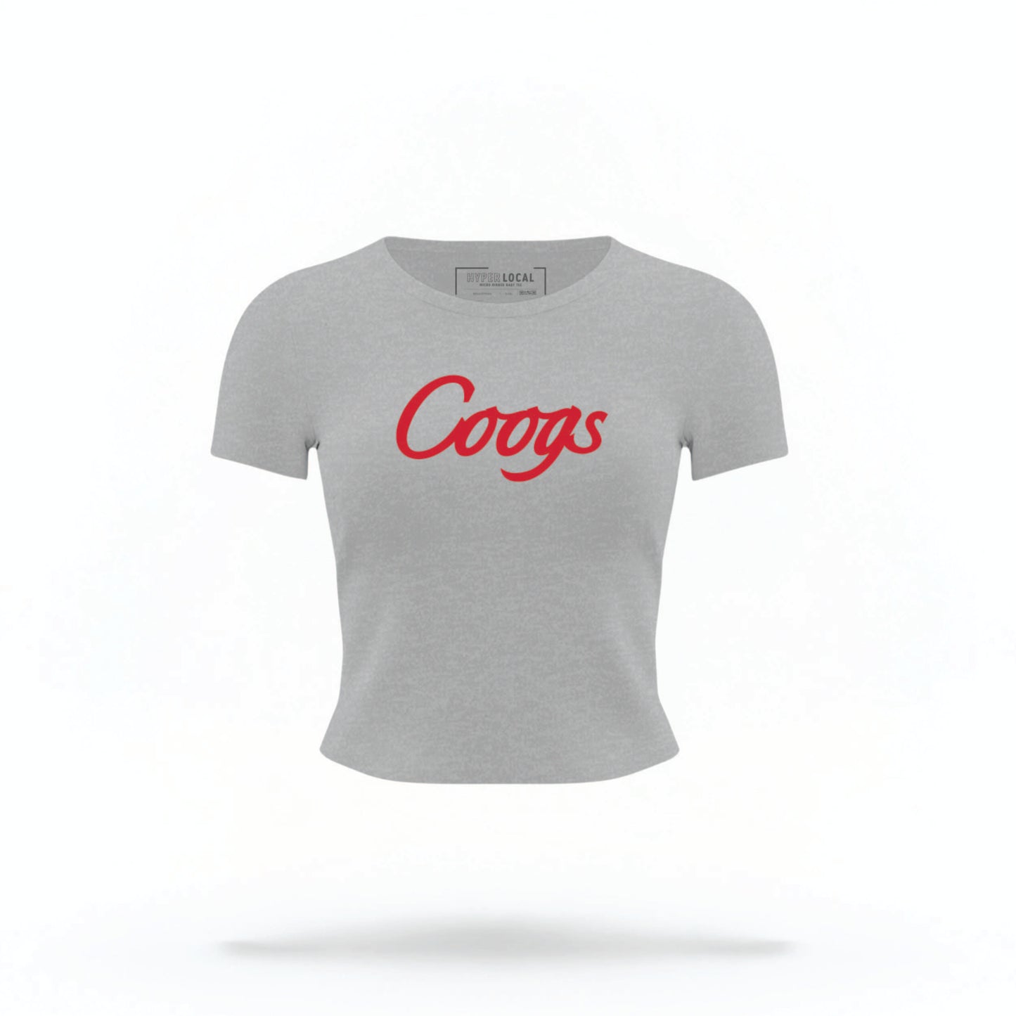 The heather Houston Cougars Varsity Crop Top lays flat on a white background. The ﻿Houston Cougars Varsity﻿ graphic is in bold red in a Collegiate style.