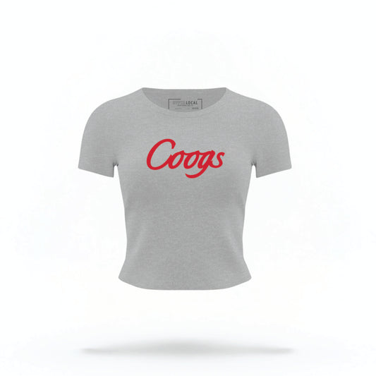 The heather Houston Cougars Varsity Crop Top lays flat on a white background. The ﻿Houston Cougars Varsity﻿ graphic is in bold red in a Collegiate style.