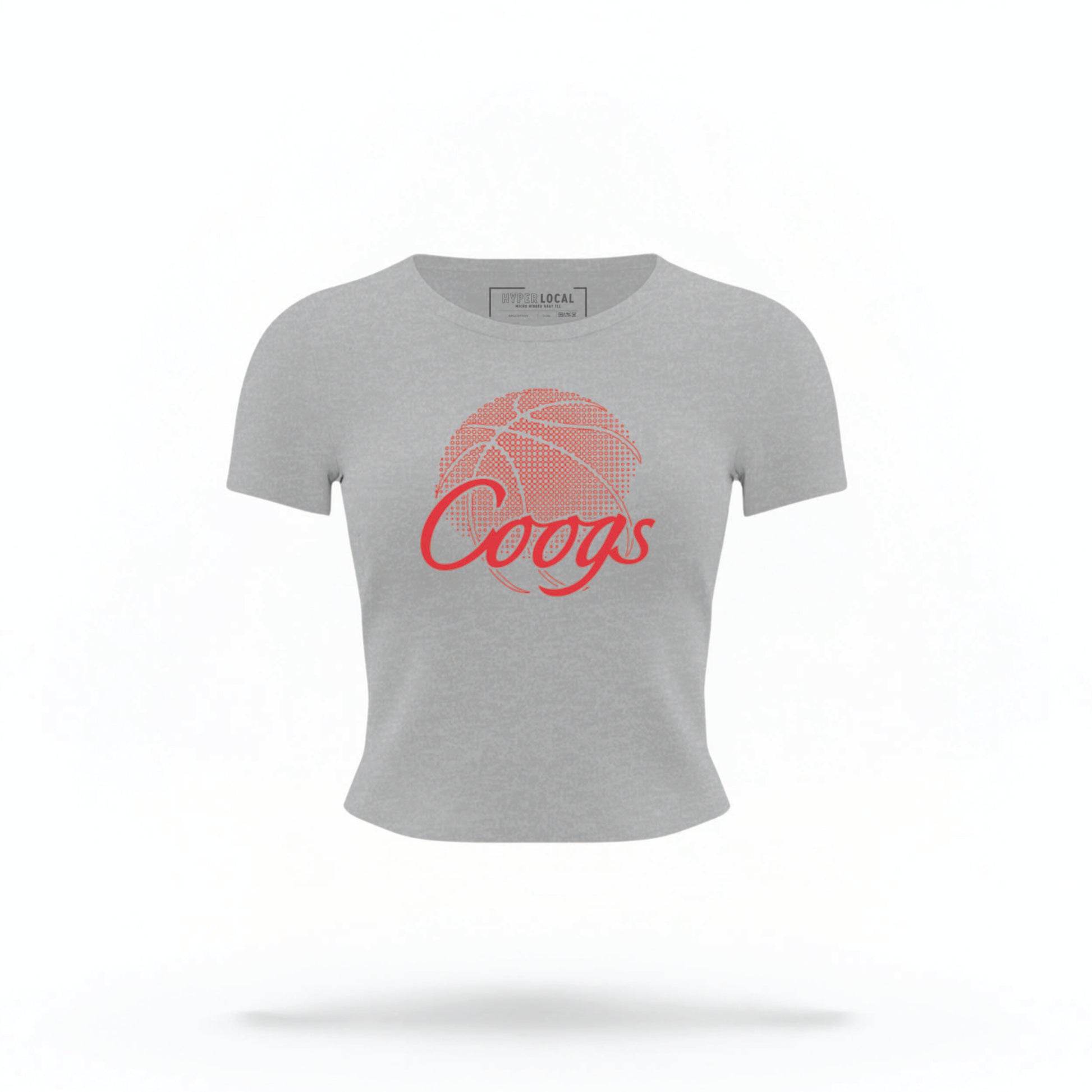 The heather grey Houston Cougars Basketball Crop Top lays flat on a white background. The ﻿Houston Cougars Basketball graphic is in bold red in a scripted font style.