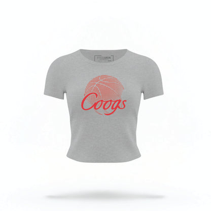 The heather grey Houston Cougars Basketball Crop Top lays flat on a white background. The ﻿Houston Cougars Basketball graphic is in bold red in a scripted font style.