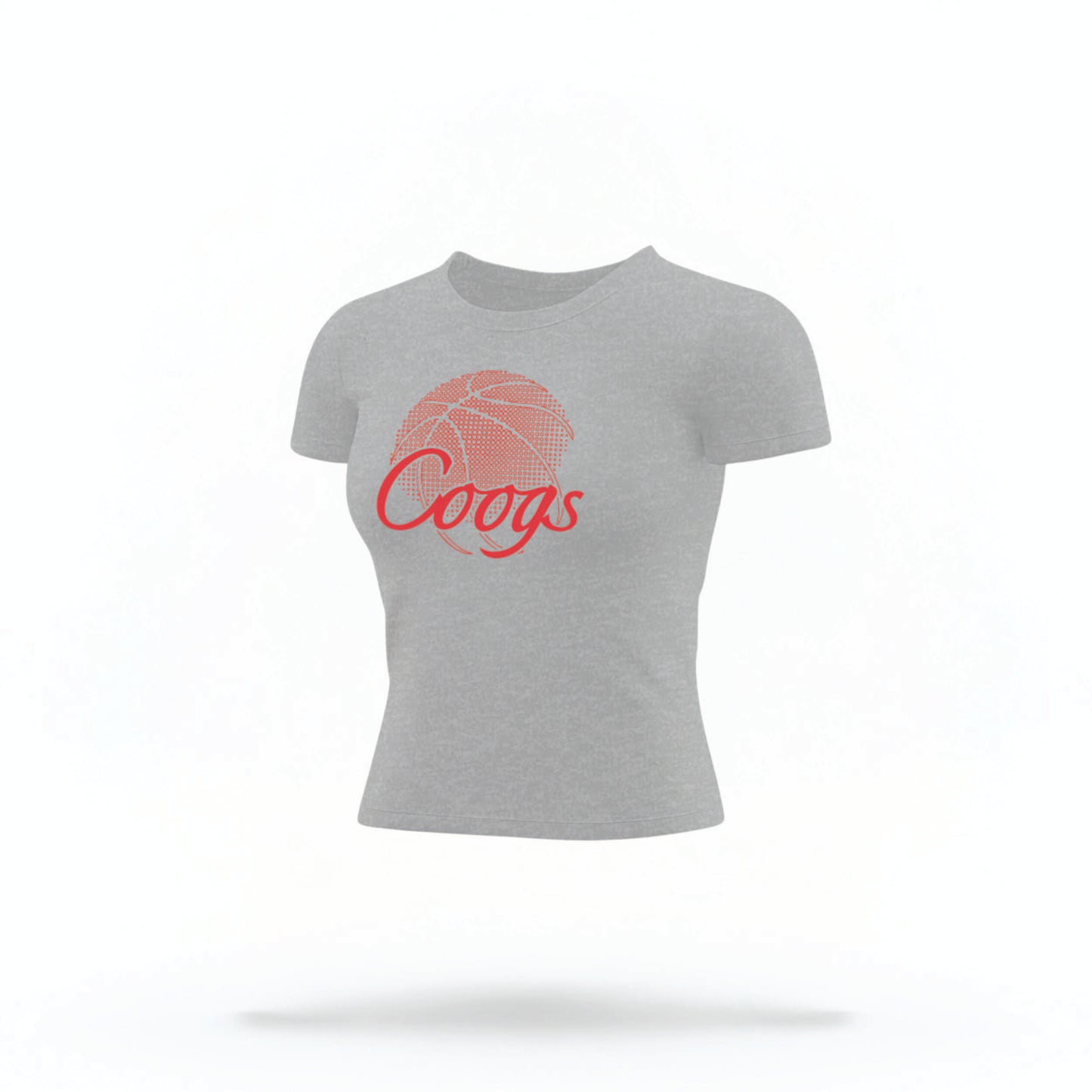 The heather grey Houston Cougars Basketball Crop Top lays flat on a white background. The ﻿Houston Cougars Basketball graphic is in bold red in a scripted font style.