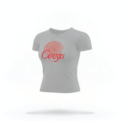 The heather grey Houston Cougars Basketball Crop Top lays flat on a white background. The ﻿Houston Cougars Basketball graphic is in bold red in a scripted font style.