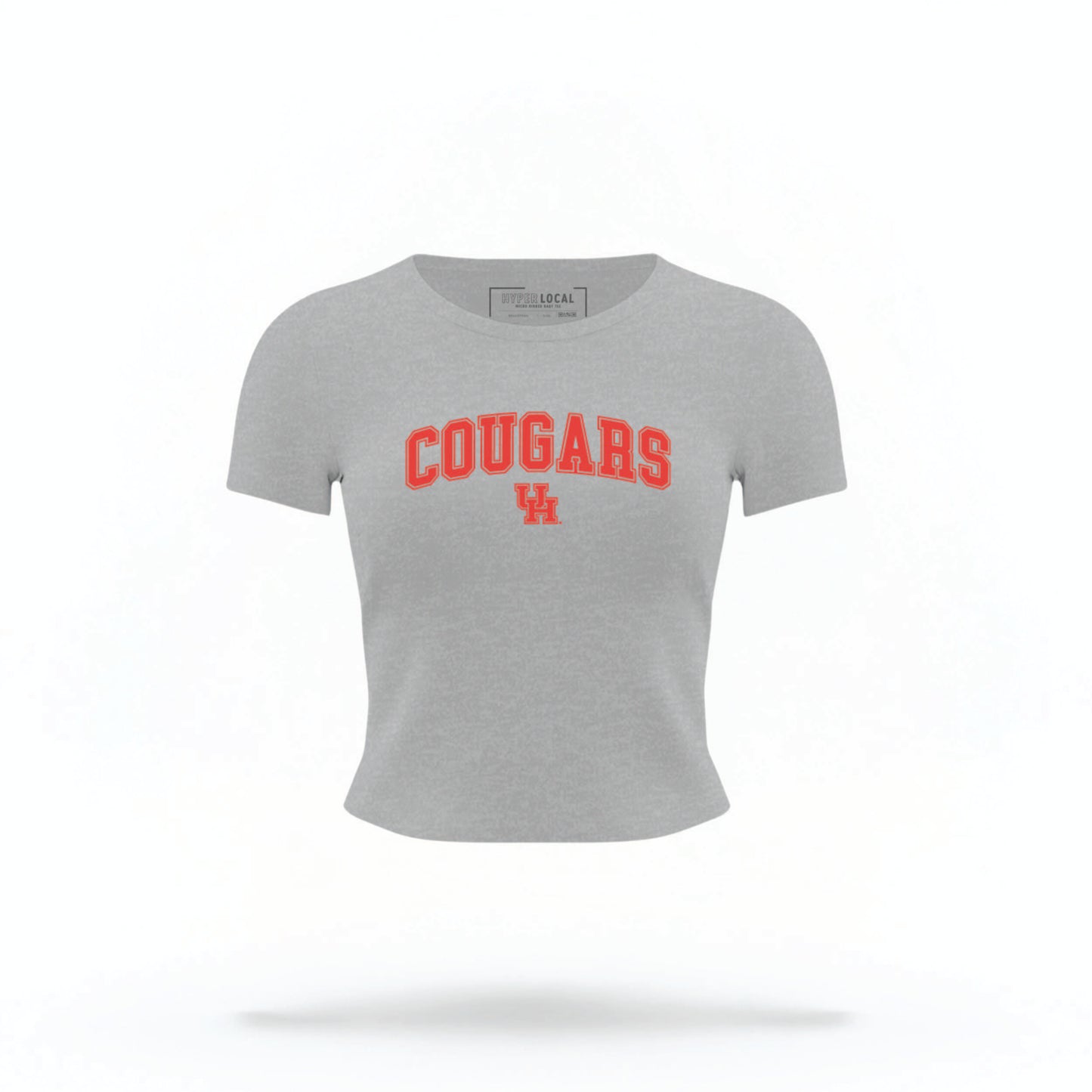 The heather Houston Cougars Varsity Crop Top lays flat on a white background. The ﻿Houston Cougars Varsity﻿ graphic is in bold Red in a Collegiate style.