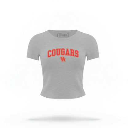 The heather Houston Cougars Varsity Crop Top lays flat on a white background. The ﻿Houston Cougars Varsity﻿ graphic is in bold Red in a Collegiate style.