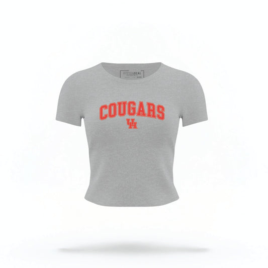 The heather Houston Cougars Varsity Crop Top lays flat on a white background. The ﻿Houston Cougars Varsity﻿ graphic is in bold Red in a Collegiate style.