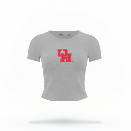 The Heather Houston Cougars Logo Crop Top lays flat on a white background. The ﻿Houston Cougars Logo﻿ graphic is in bold Red in a Collegiate style.