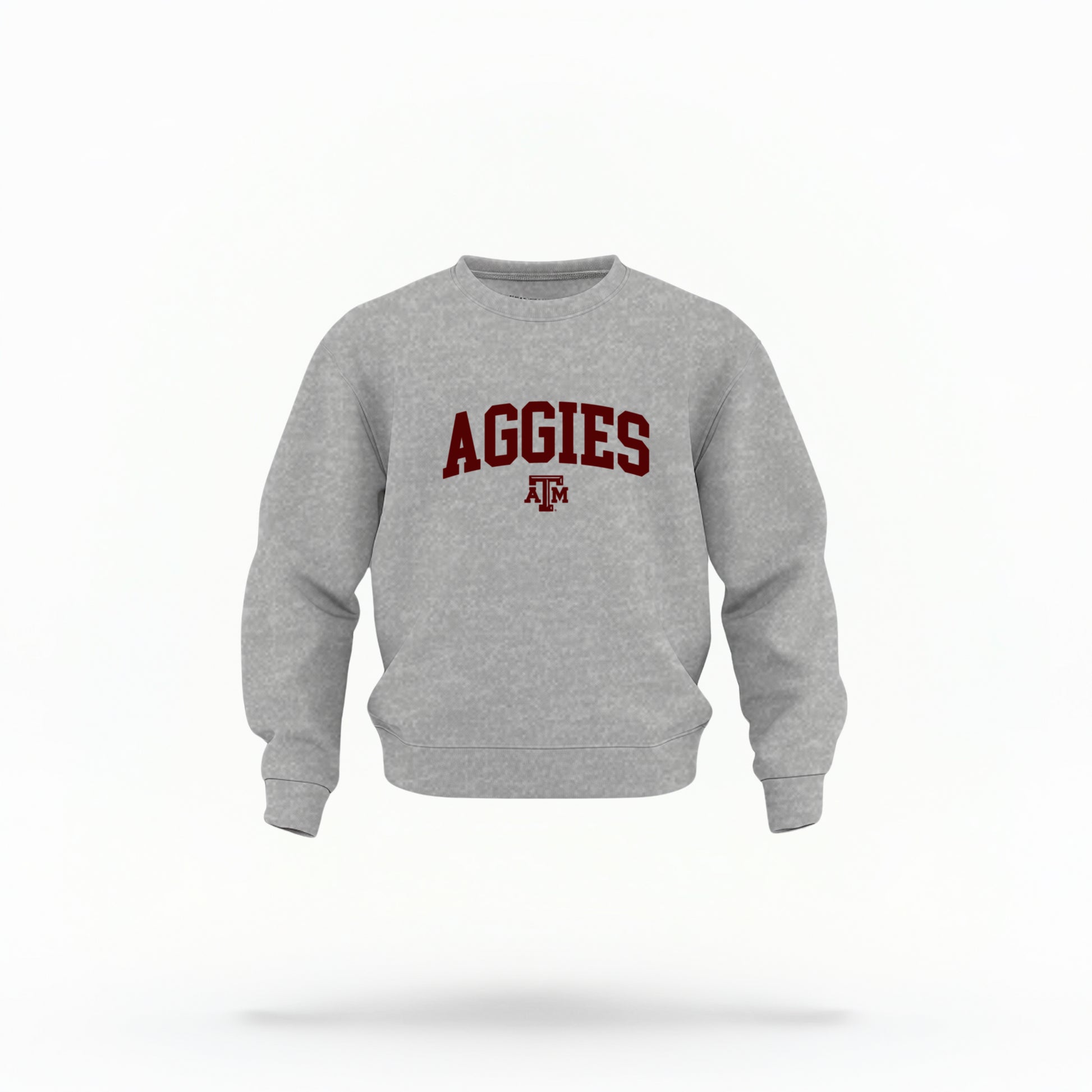 The heather Texas A&M Aggies Collegiate Crewneck Sweatshirt lays flat on a white background. The ﻿Texas A&M Aggies Collegiate﻿ graphic is in bold Maroon in a Varsity style.