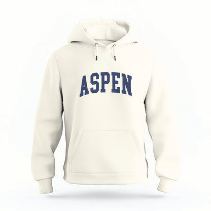 The Ivory Aspen Colorado Varsity Organic Cotton Hoodie lays flat on a white background.