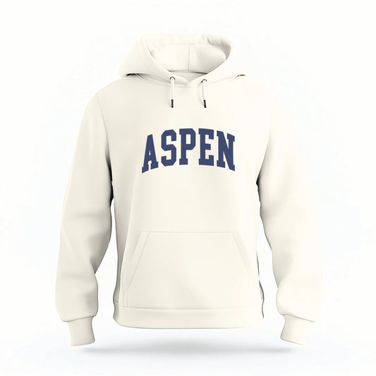 The Ivory Aspen Colorado Varsity Organic Cotton Hoodie lays flat on a white background.