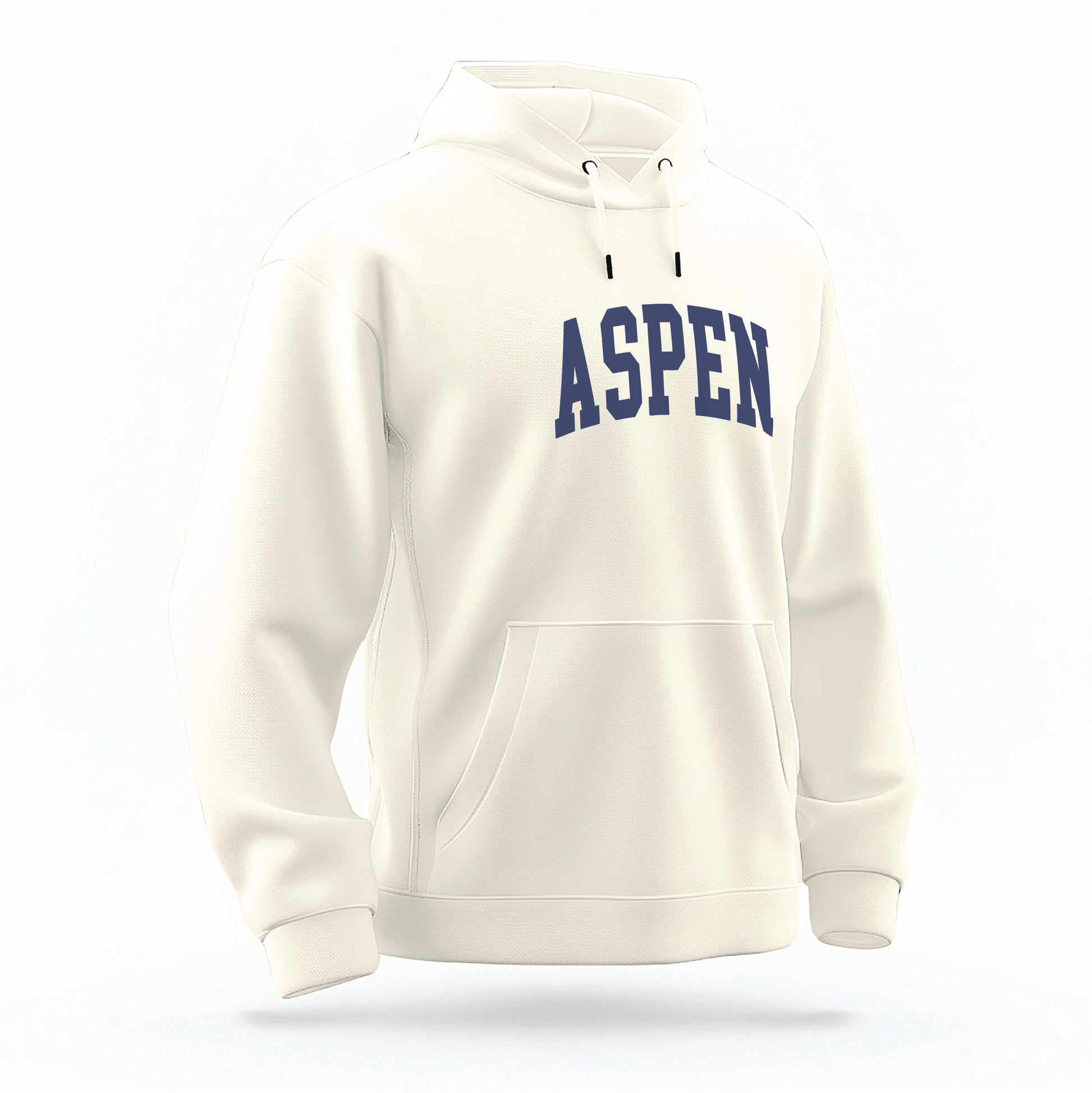 The Ivory Aspen Colorado Varsity Organic Cotton Hoodie lays flat on a white background.