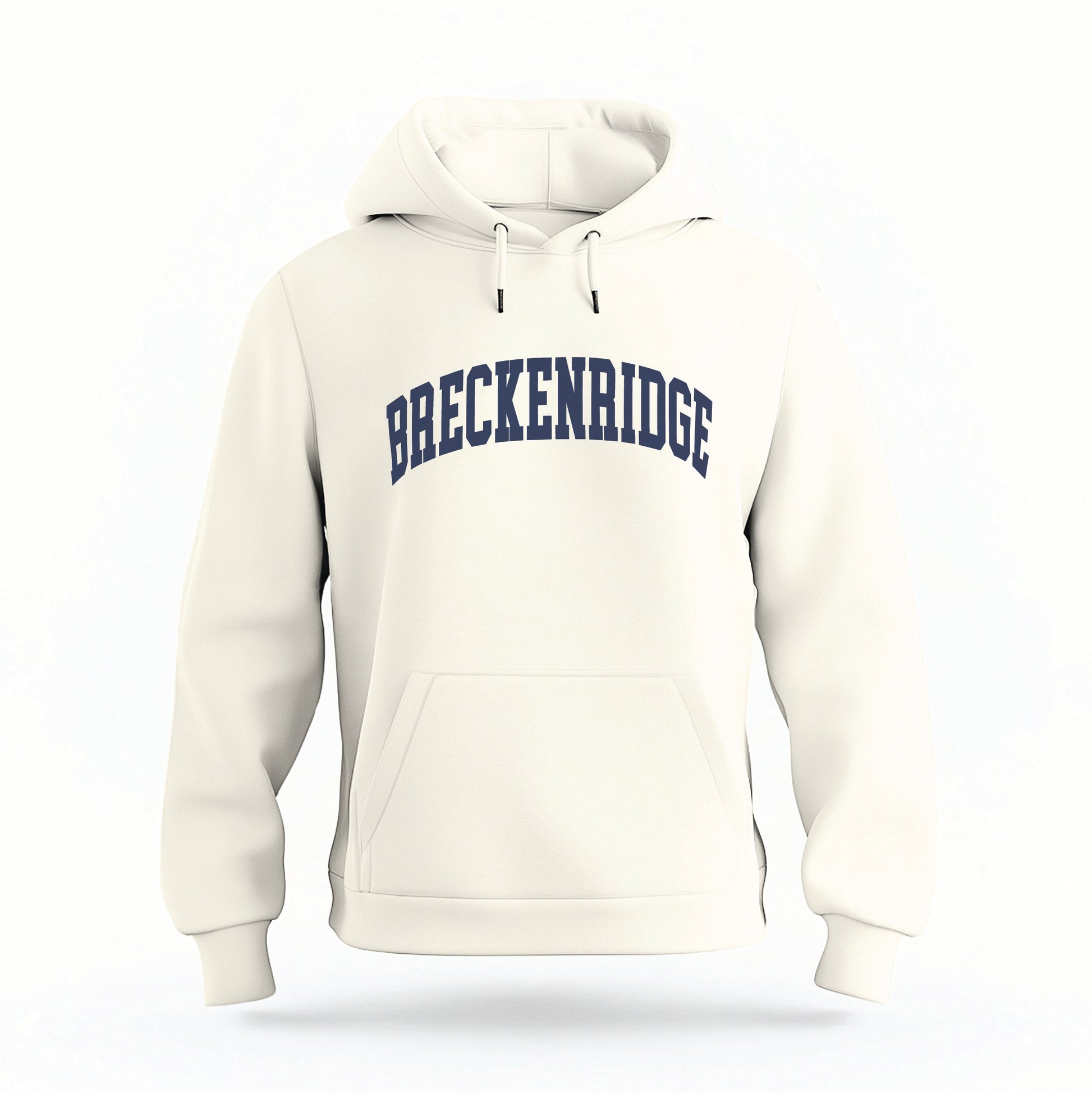 The Ivory Breckenridge Colorado Varsity Organic Cotton Hoodie lays flat on a white background.
