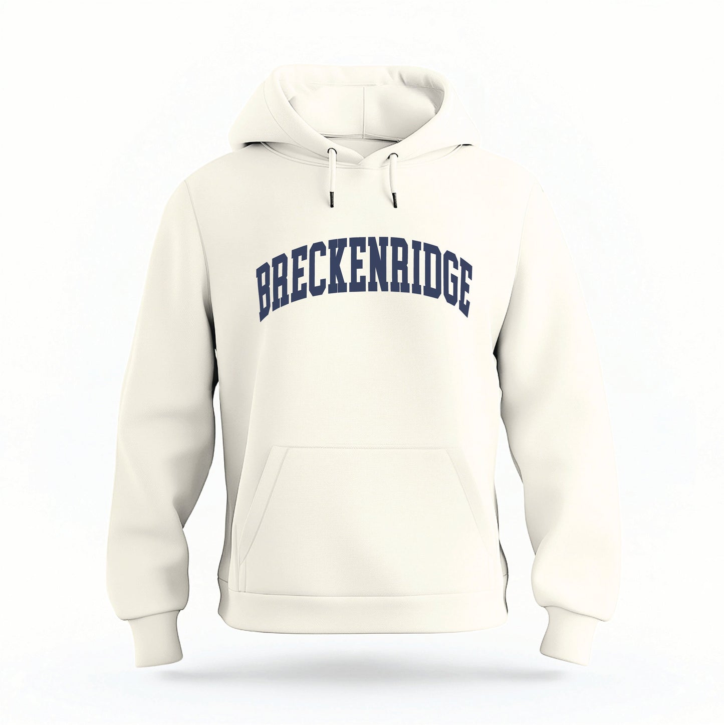 The Ivory Breckenridge Colorado Varsity Organic Cotton Hoodie lays flat on a white background.
