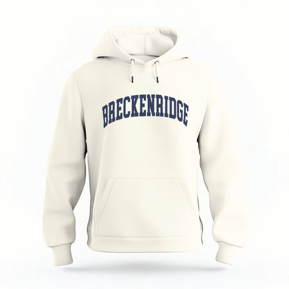 The Ivory Breckenridge Colorado Varsity Organic Cotton Hoodie lays flat on a white background.