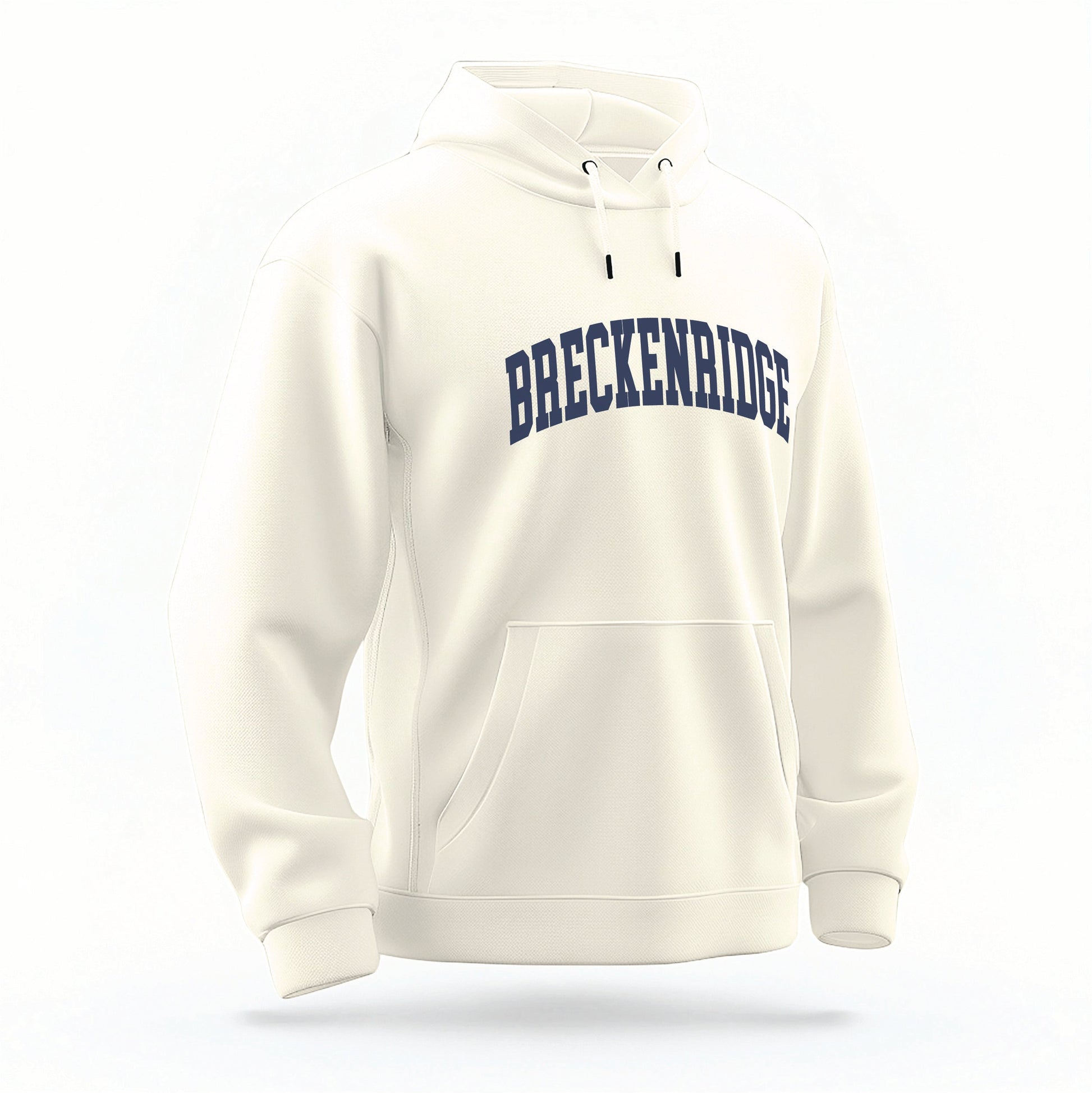 The Ivory Breckenridge Colorado Varsity Organic Cotton Hoodie lays flat on a white background.
