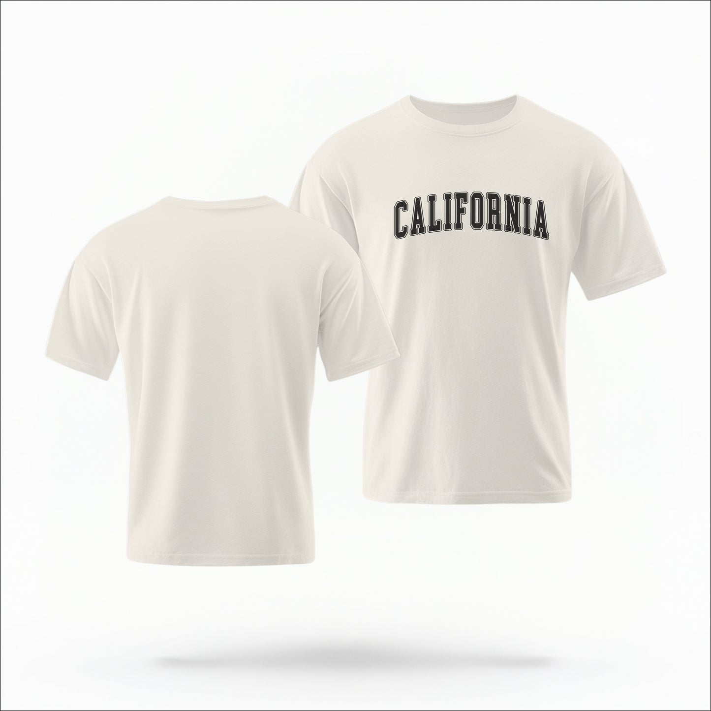 The Ivory California Varsity Comfort Colors T-shirt lays flat on a white background. The ﻿California Varsity﻿ graphic is in bold White in a Varsity style.