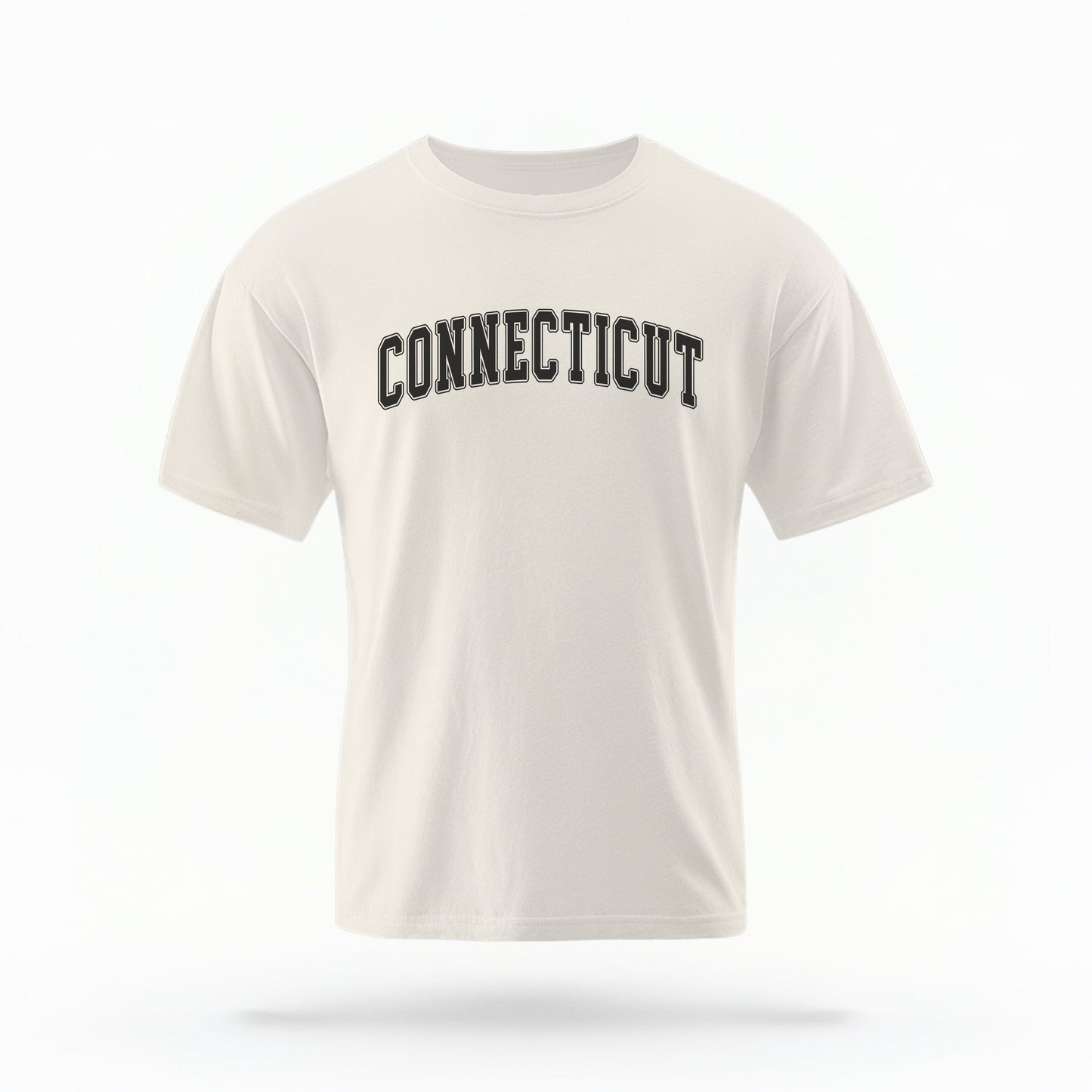 The ivory Unisex Connecticut Varsity Comfort Colors T-shirt lays flat on a white background. The Connecticut graphic is in bold black in a varsity offset style.
