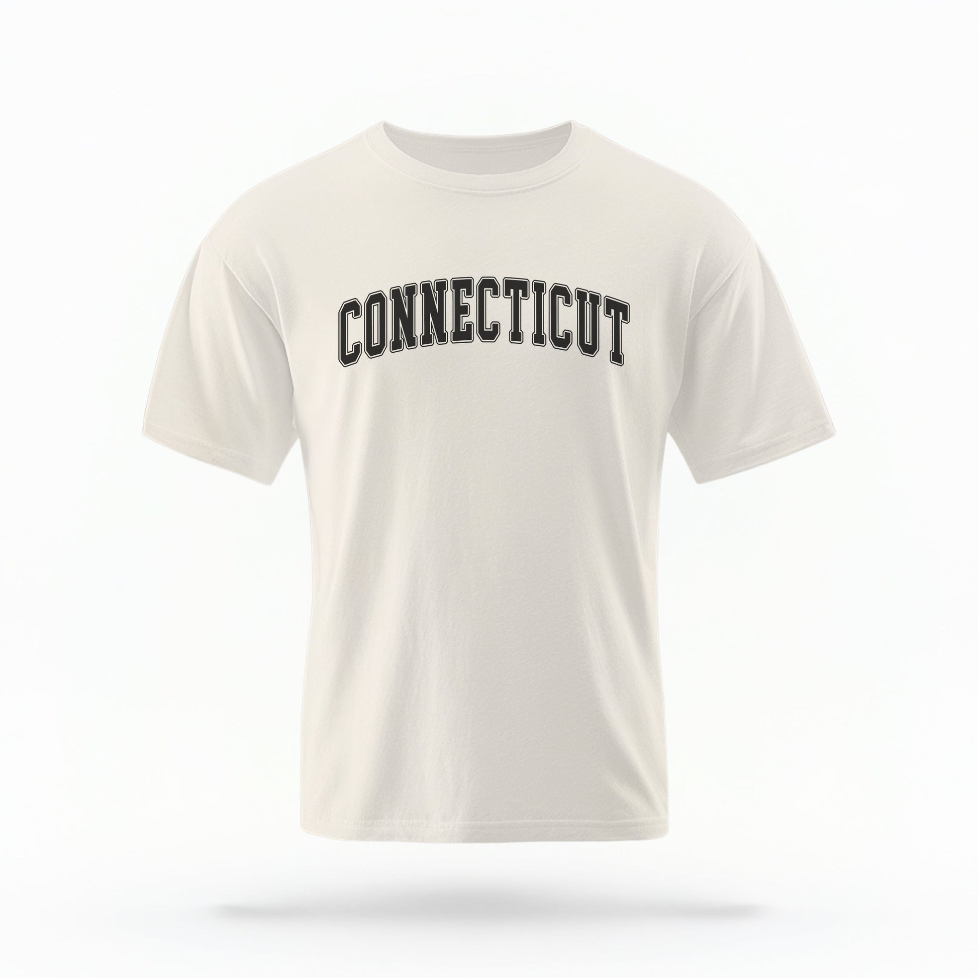 The ivory Unisex Connecticut Varsity Comfort Colors T-shirt lays flat on a white background. The Connecticut graphic is in bold black in a varsity offset style.

