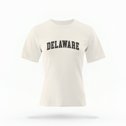 The ivory Unisex Delaware Varsity Comfort Colors T-shirt lays flat on a white background. The Delaware graphic is in bold black in a varsity offset style.