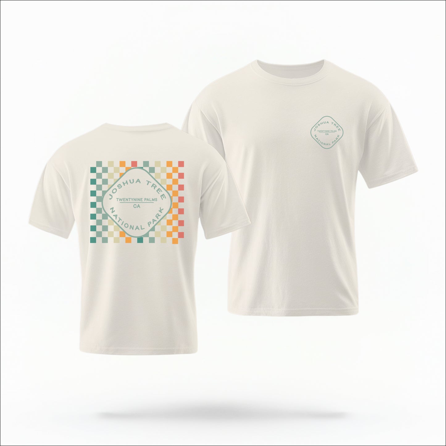 The Ivory Joshua Tree Retro Checkered Comfort Colors T-shirt lays flat on a white background. The ﻿Joshua Tree Retro Checkered﻿ graphic is in bold Multicolor in a Retro style.
