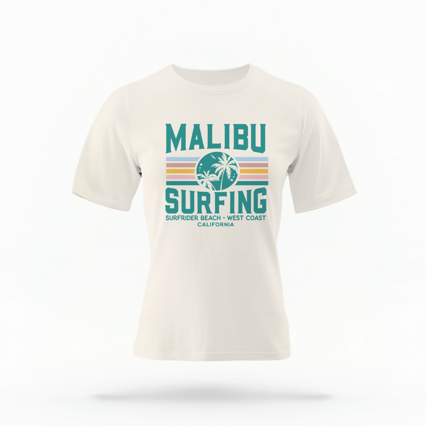 The Ivory Adult Unisex Malibu California Surfing Comfort Colors T-shirt lays flat on a white background. The ﻿Malibu California Surfing﻿ graphic is in bold Lifestyle in a Multicolor style.