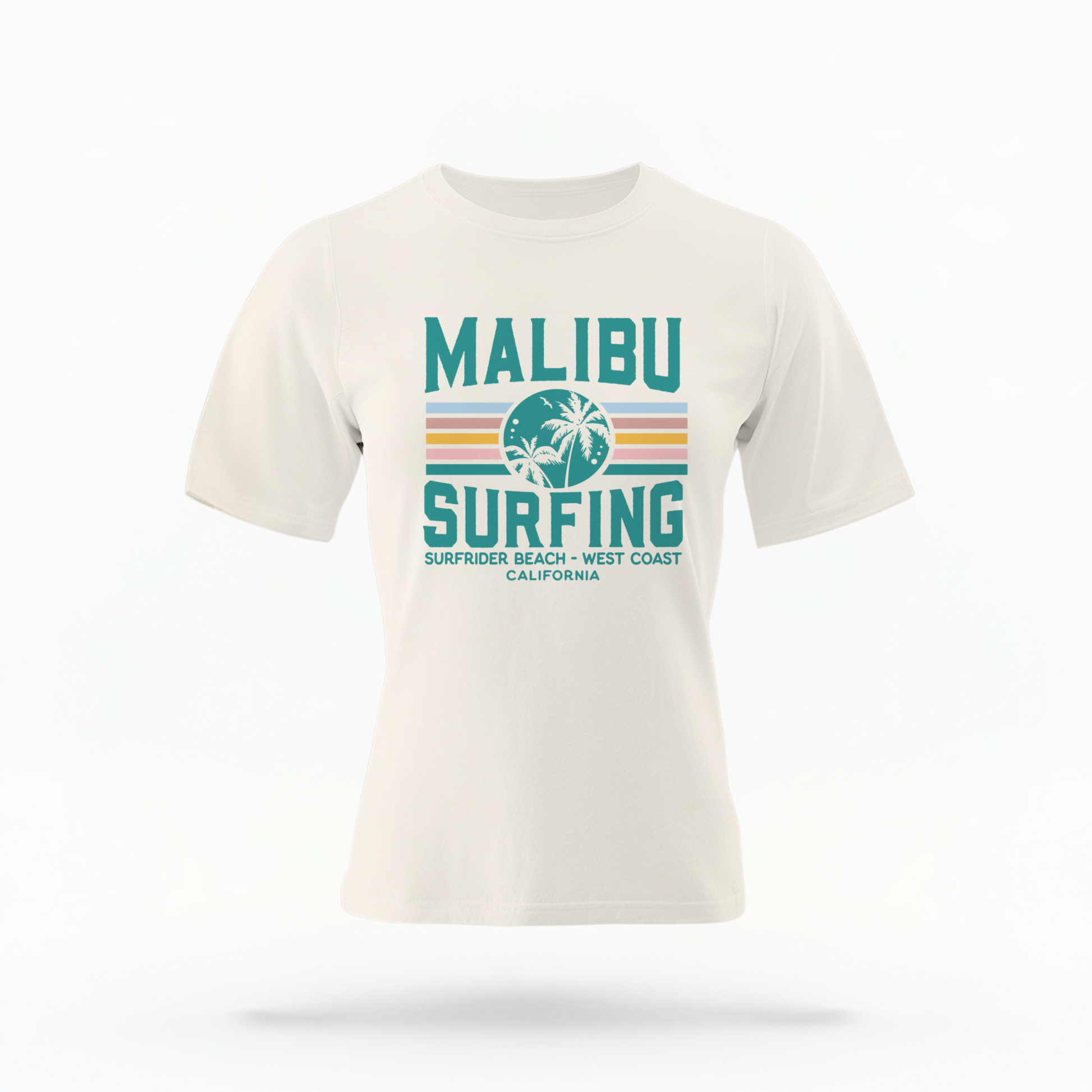 The Ivory Adult Unisex Malibu California Surfing Comfort Colors T-shirt lays flat on a white background. The ﻿Malibu California Surfing﻿ graphic is in bold Lifestyle in a Multicolor style.