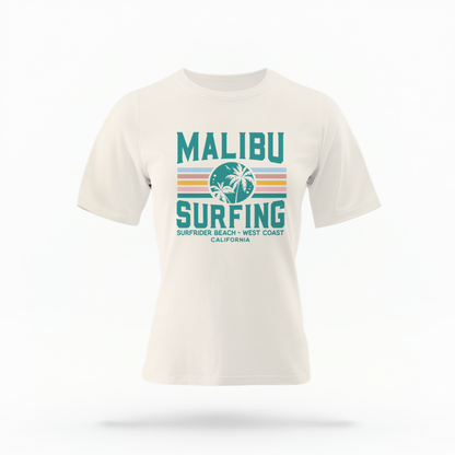 The Ivory Adult Unisex Malibu California Surfing Comfort Colors T-shirt lays flat on a white background. The ﻿Malibu California Surfing﻿ graphic is in bold Lifestyle in a Multicolor style.