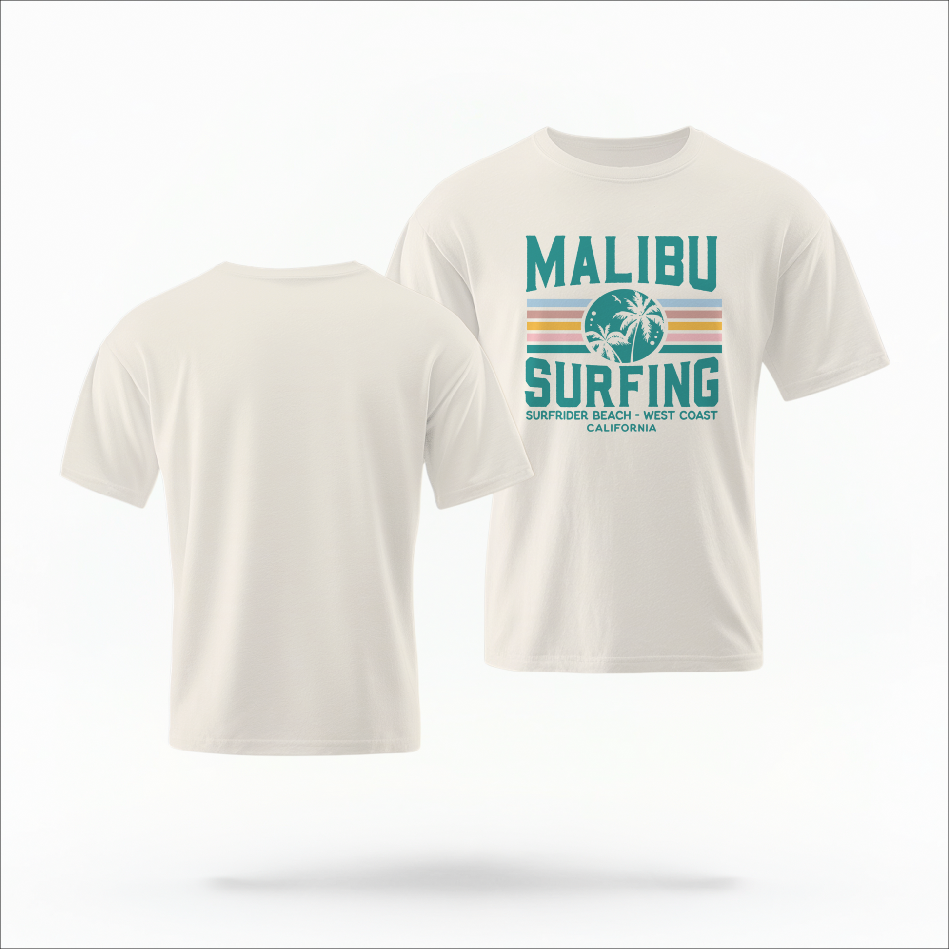 The Ivory Adult Unisex Malibu California Surfing Comfort Colors T-shirt lays flat on a white background. The ﻿Malibu California Surfing﻿ graphic is in bold Lifestyle in a Multicolor style.