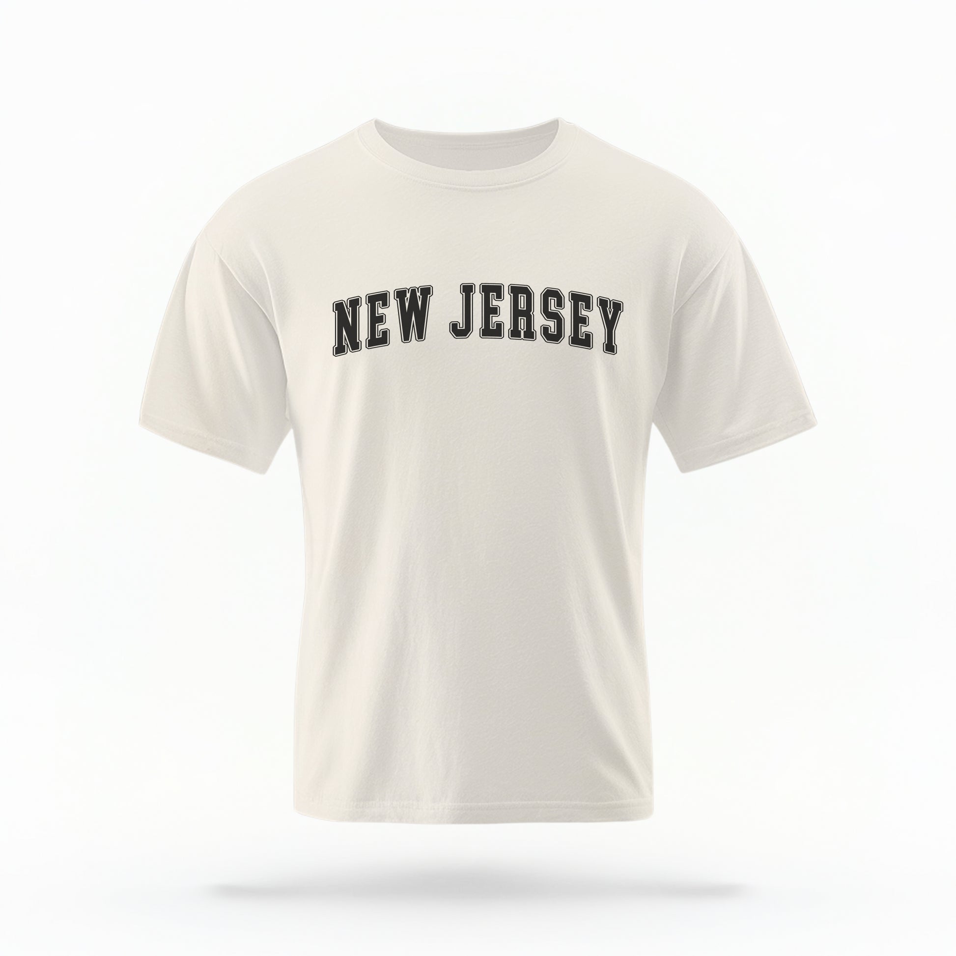 The ivory Unisex New Jersey Varsity Comfort Colors T-shirt lays flat on a white background. The New Jersey graphic is in bold black in a varsity offset style.