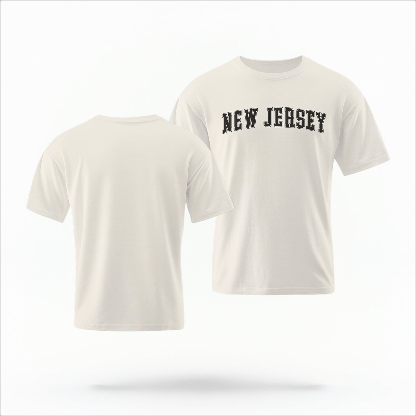 The ivory Unisex New Jersey Varsity Comfort Colors T-shirt lays flat on a white background. The New Jersey graphic is in bold black in a varsity offset style.